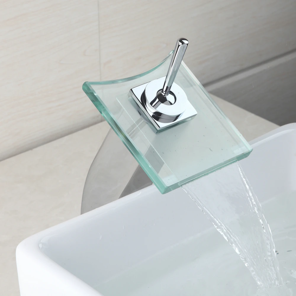 Preise KEMAIDI RU Wasserfall Armaturen Deck Montiert Einzigen Handgriff Bathroon Becken Wasserhahn Glas Messing Wasser Mischbatterie Große Auslauf Wasser