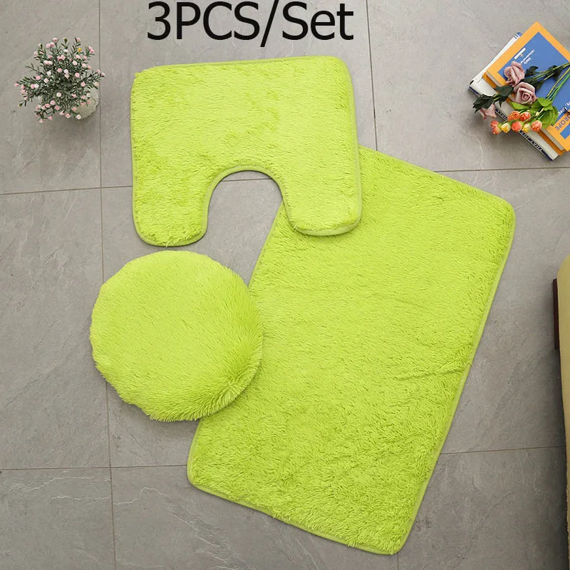 3pcs Green Лохматый Противоскользящий туалетный набор ковриков для ванной коралловый флис абсорбирующий коврик для ванной комнаты стойка для тряпок крышка для унитаза tapis salle de bain - Цвет: 3pcs Green