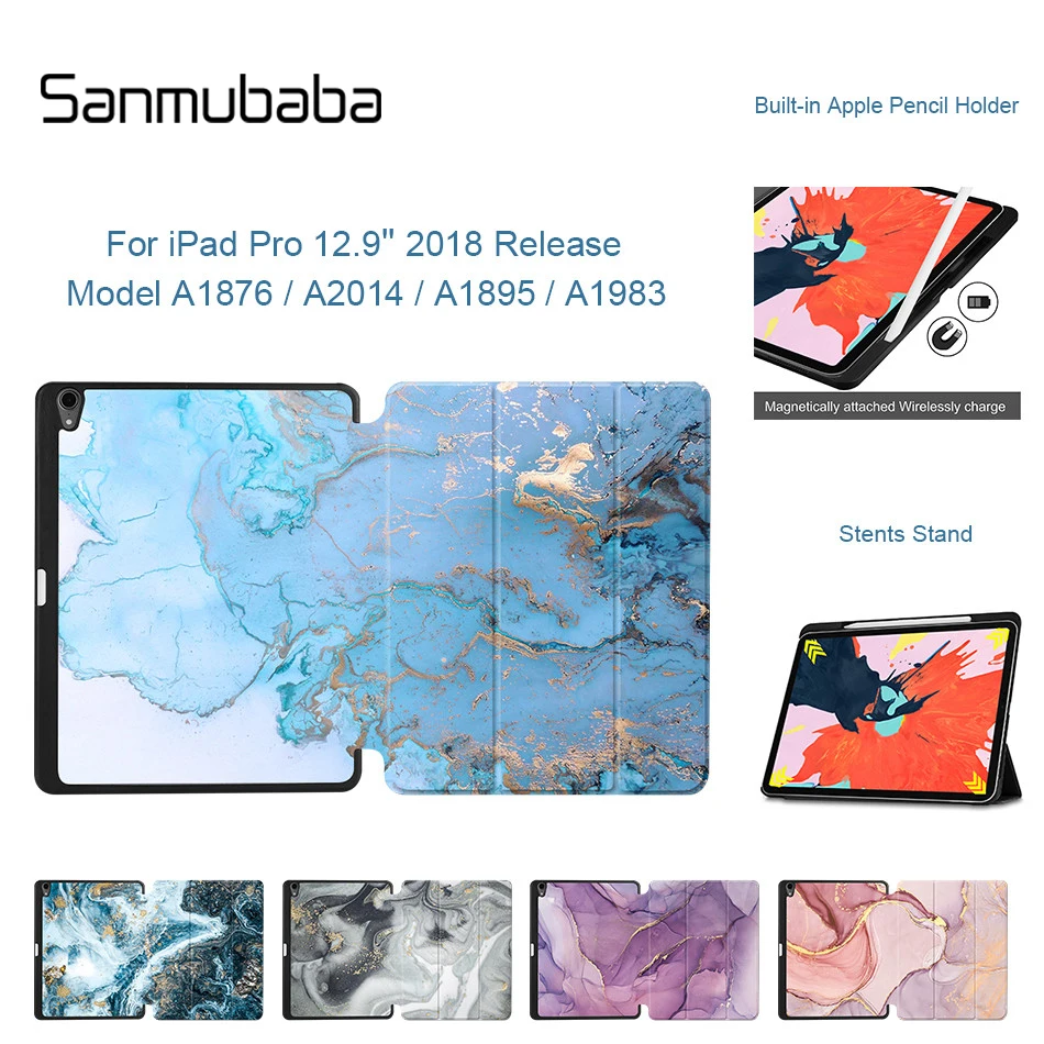 Чехол для планшета Sanmubaba для iPad Pro 12,9 дюйма, чехол-книжка с мраморной текстурой из искусственной кожи с держателем для карандашей