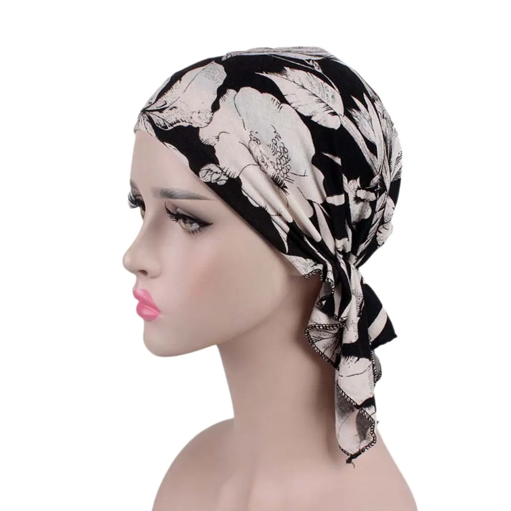 Женская Шапочка-тюрбан с цветочным принтом, индийская мусульманская эластичная хлопковая Шапка-бини, тюрбан, головной убор для больных раком, головной платок