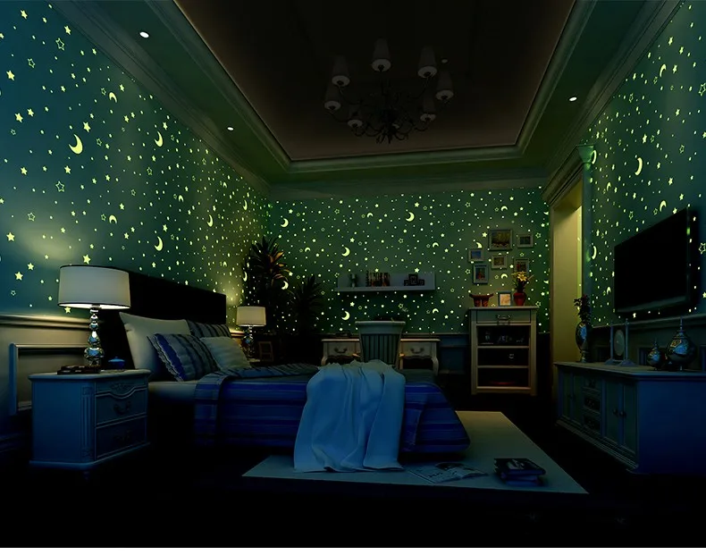 プレゼント対象商品 星と月不織布の発光壁紙ロール子供部屋の寝室の天井蛍光壁紙の装飾papelde Parede Light Blue 100 安心保証 Carlavista Com