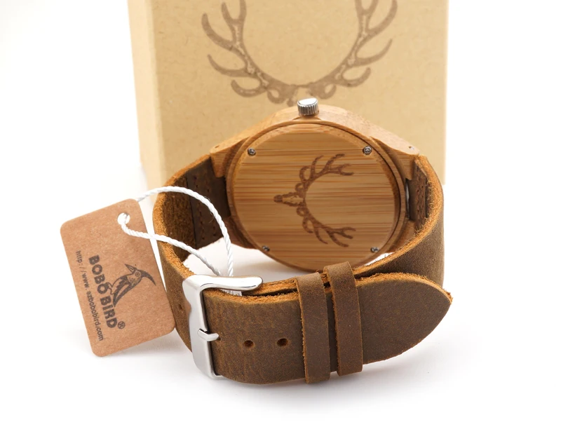 BOBO BIRD M08 100% Handmade Mens Solid Bamboo Wood Quartz Watch Deer Icon For Gift
