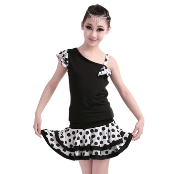 

Basic Girls Polka Dot Dew shoulder Unequal Latin Skirt Child Kid Performance Practice Latin Dance Dress