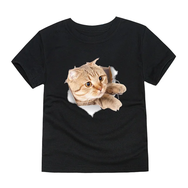 Boys Girls Black Colors T Shirts Kids Cat 3D Printing T Shirts Kids ...