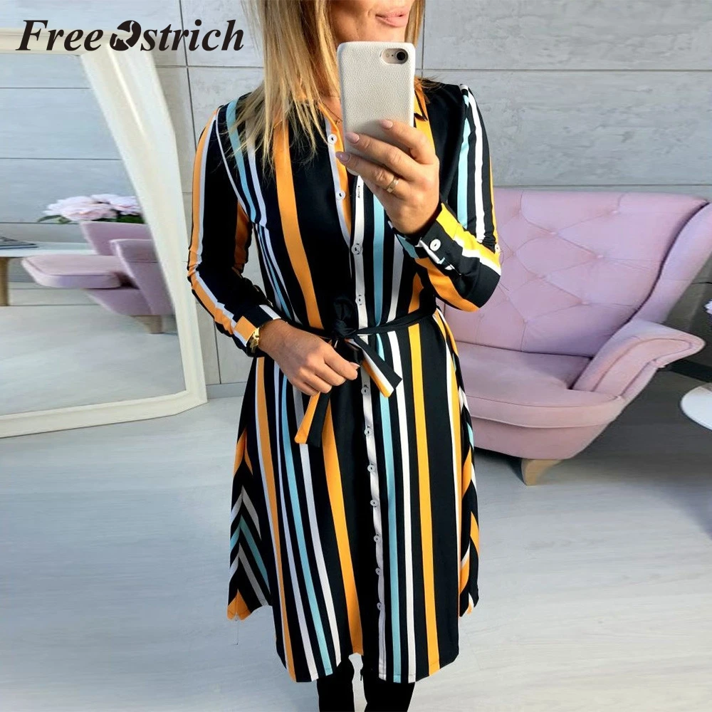 

Free Ostrich Dress Hot Sales Women Casual Turn Down Collar Striped Printed Long Sleeve Belt Shirt Intellectual Straight Dress