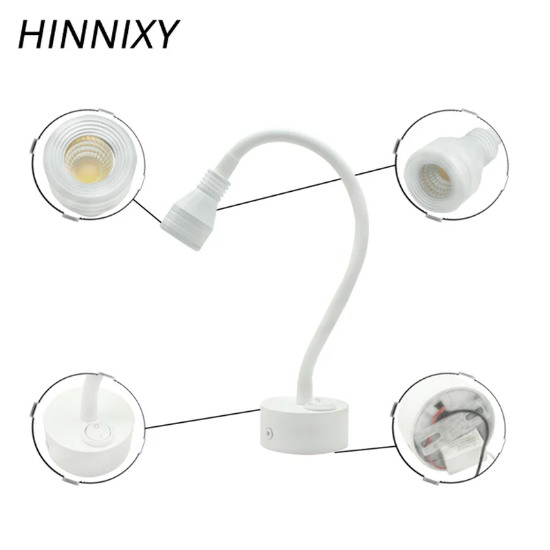 Hinnixy LED Wall Lamps With Switch Pure White 90-260V 3W Flexible Jewelry Light Surface Mounted Bed Reading Lamp Picture Antique