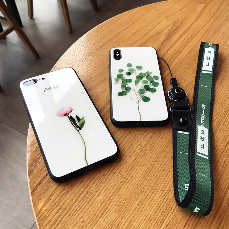 

small fresh green leaf glass shell iphone7plus 6S 8p X XS MAX XR mobile phone shell female creative flower rope lanyard neck