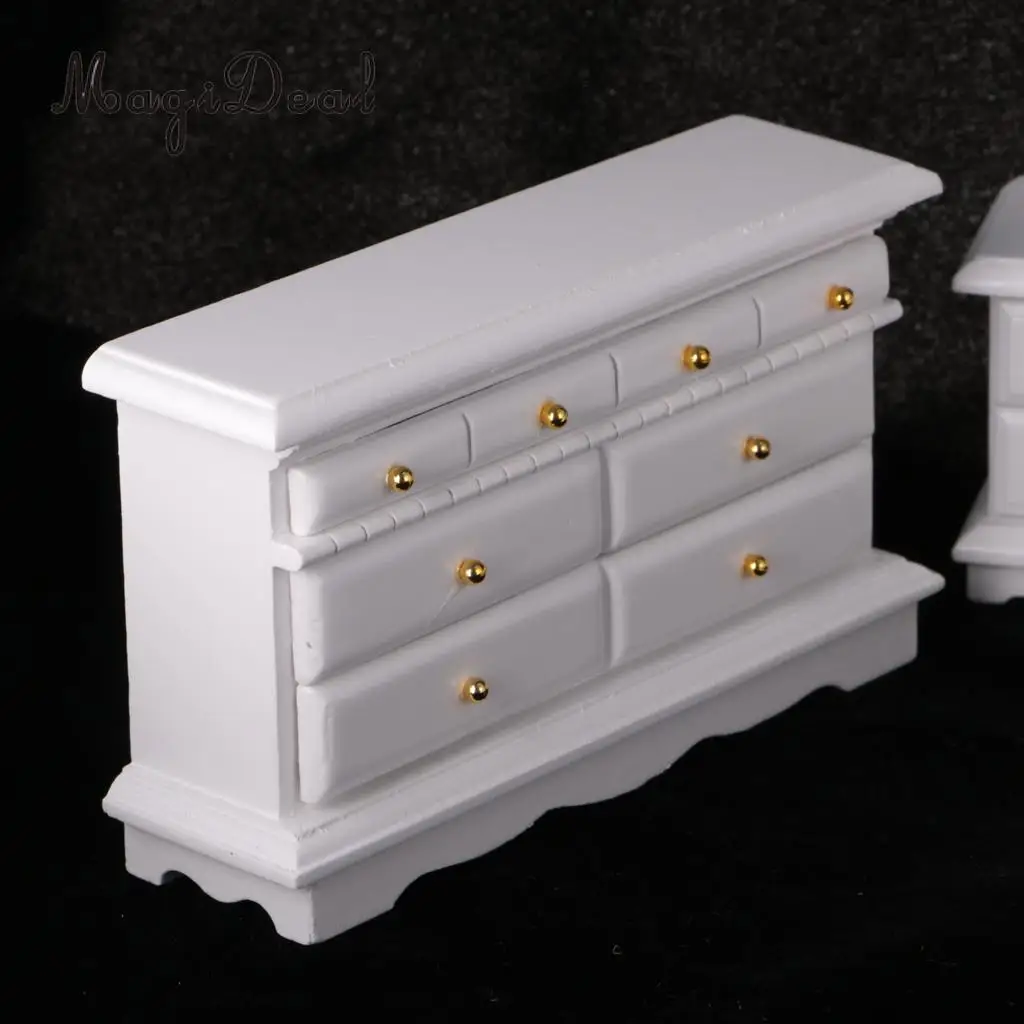 European Retro Design 1:12 Dollhouse Miniature White Wooden Bedroom Double Bed Dresser Mirror Chair Furniture Accs Kids Toys