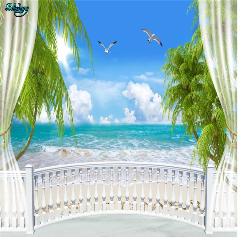 

beibehang Large custom sea coconut tree gulls curtains balcony railing background wall home decoration