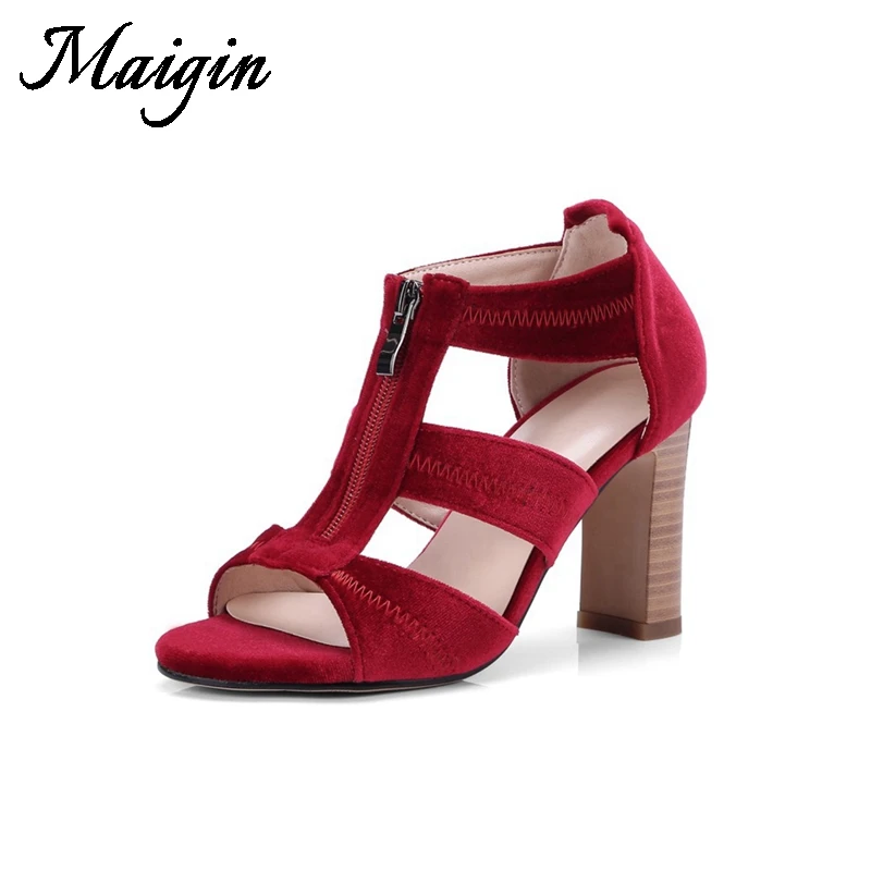 Maigin Sandals Women 2018 Summer High Heels Sandals Open Toe Thick Heels Ladies Shoes Zipper Flock Women Footwear Casual Shoes