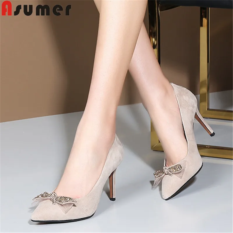 

ASUMER 2019 hot sale new pumps women shoes pointed toe shallow high heels shoes woman spring autumn suede leather shoes women