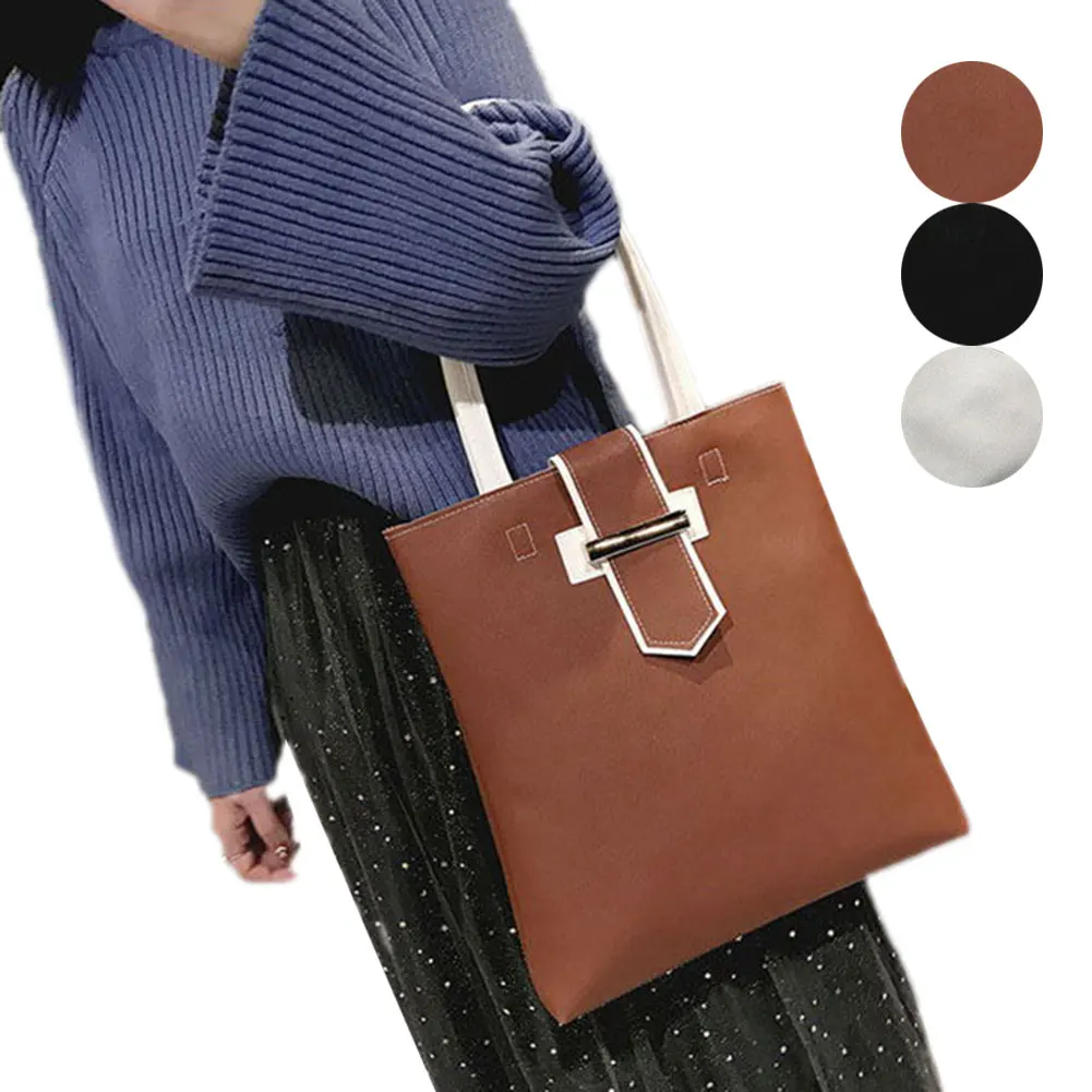 Simple Fashion Women Bucket Bag Tote Shoulder Bags Solid Color PU