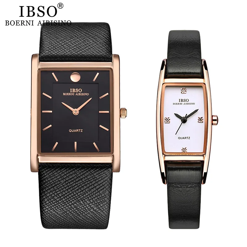 IBSO Brand Couple Quartz Watch Brand Ultra-thin Rectangle Dial Quartz Wristwatch for Men Women Leather Strap Quartz Clock Hours