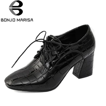 

BONJOMARISA Women's Chunky Heels Square Toe Lace Up Patent Printed Upper Spring Shoes Woman Vintage Pumps Big Size 34-43