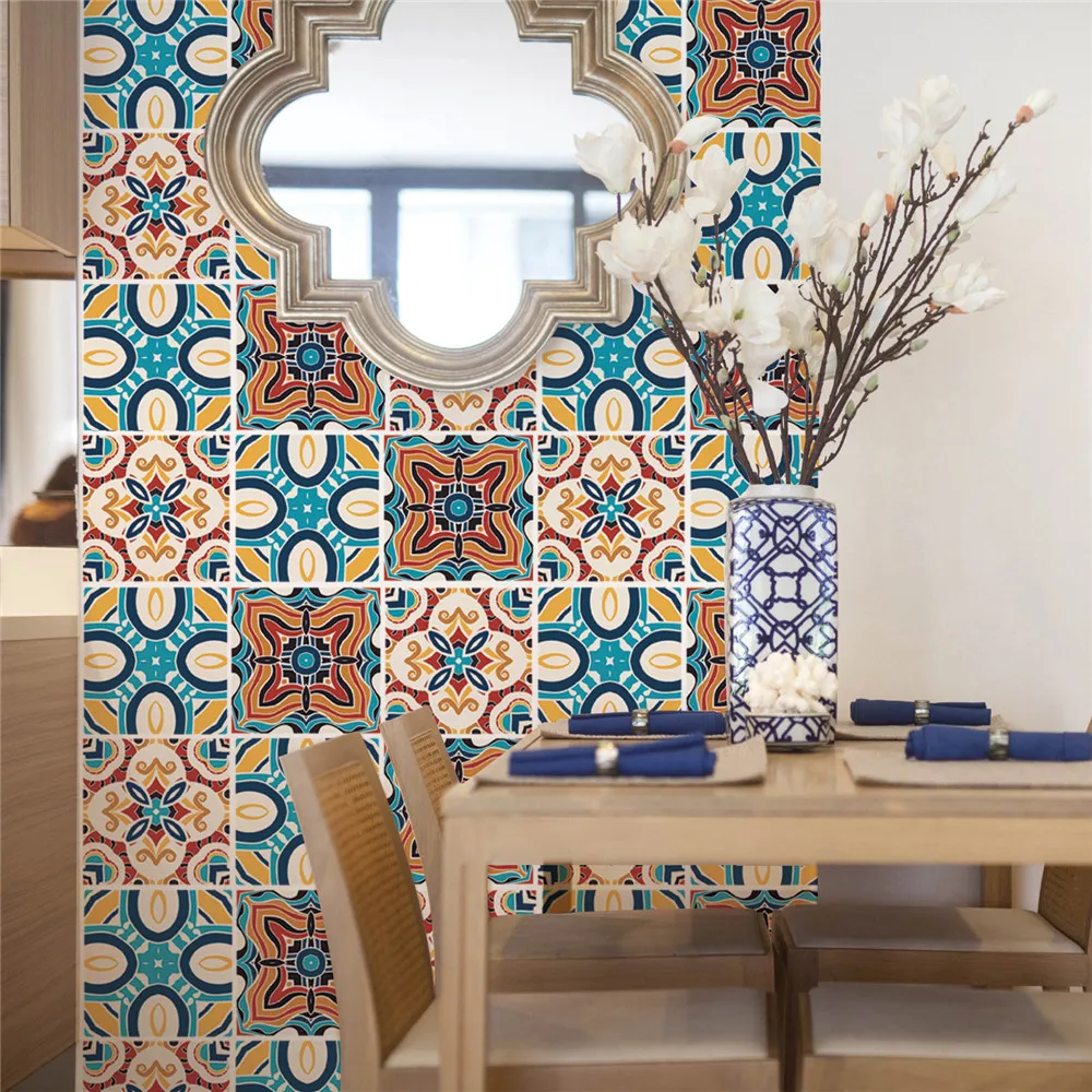 

6pcs/set 20*20cm Mediterranean Flower Wall Tiles Stickers Waist Line Waterproof PVC Kitchen Adhesive Bathroom Toilet Wallpaper