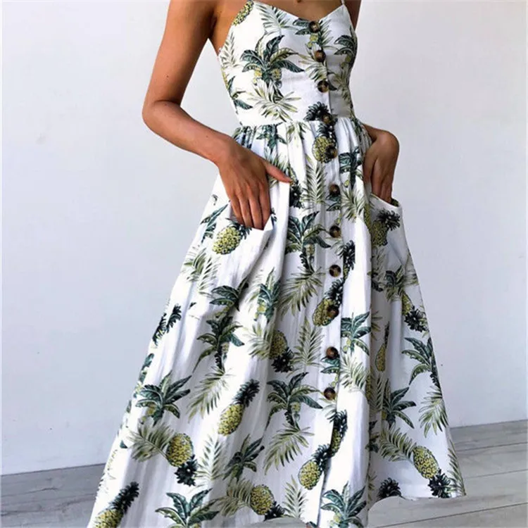 2018 Women Dress Sunflower Pineapple Printing Camisole Button Sexy Party Dress Lady With Button