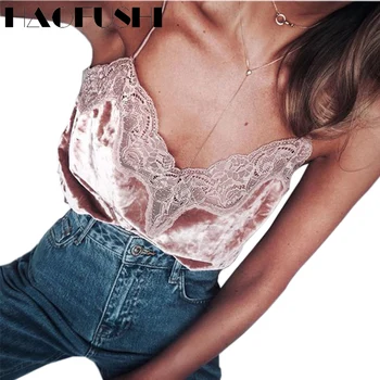 2017 Summer Fashion Women Sexy Deep V-neck Lace Neck Top Sleeveless Strappy Velvet black Vest Spaghetti Strap Tank Top Bra