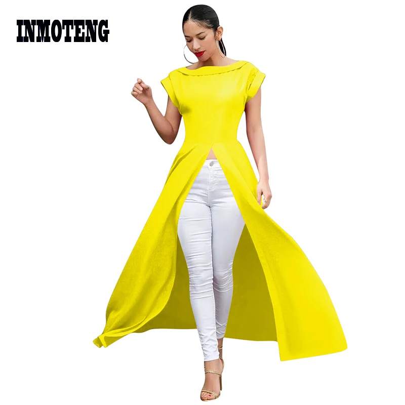 

INMOTENG Batwing Sleeve High Split O-neck Big Swing High Low Top Women Short Sleeve Summer Fashion Active Wear Women Clubwear