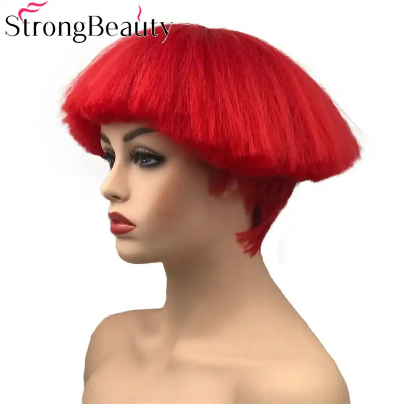 Strongbeauty Short Yaki Straight Synthetic Wigs Red White Blonde