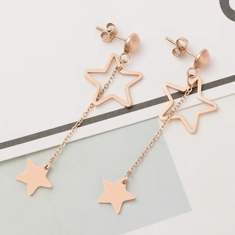 

2019 Trendy Style Popular Design Long Double Hollow Star Earrings Stainless Steel boucles d'oreilles pendantes