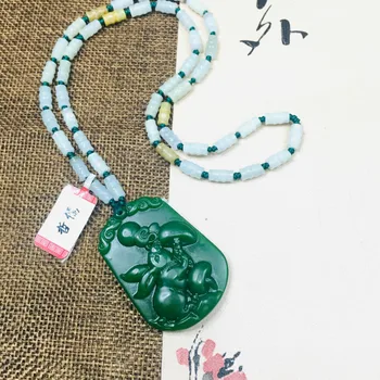 

Zheru Jewelry Pure Natural Jasper Carved Ganoderma Bunny Pendant Three-Color Jadeite Bead Necklace Send Class A Certificate