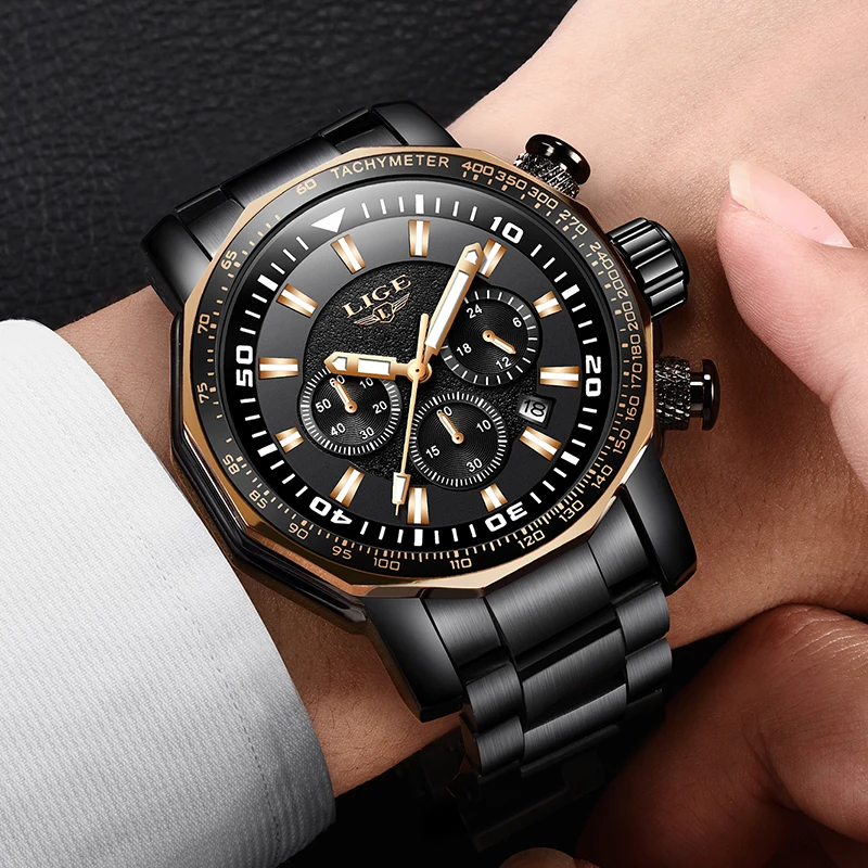 LIGE Men's Watch Top Luxury Brand Business Fashion Classic black Quartz Waterproof Sports Watches Chronograph Relogio Masculino