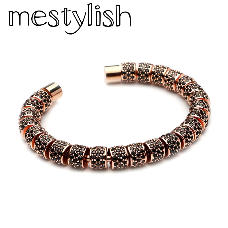 

Mestylish Copper Beads Titanium Steel Bangle Micro Inlay Zircon Open Cuff Bracelet Jewelry Men Women Lover Pulseira