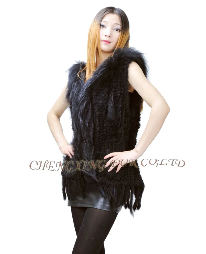 CX-G-B-97E осень-зима женский жилет из натурального кроличьего меха с капюшоном меховой жилет Зимняя утепленная теплая меховая одежда - Цвет: black