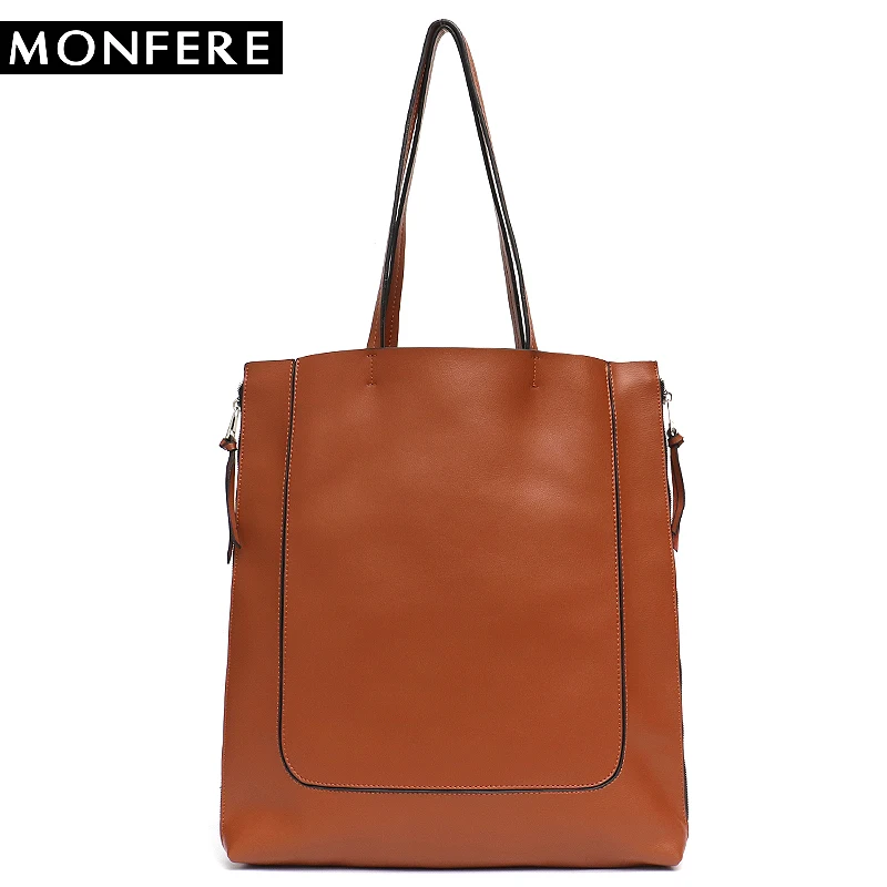 

MONFERE Large Genuine Leather Tote Bags Women Luxury Bucket Bags Designer Handbags High Quality Shoulder Zip Shopping Bags 2018