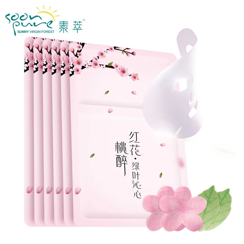 

SOONPURE Peach Blossom Leaf Face Mask Hyaluronic Acid Anti Aging Anti Winkles Moisturizing Skin Whitening Acne Treatment 6 Set