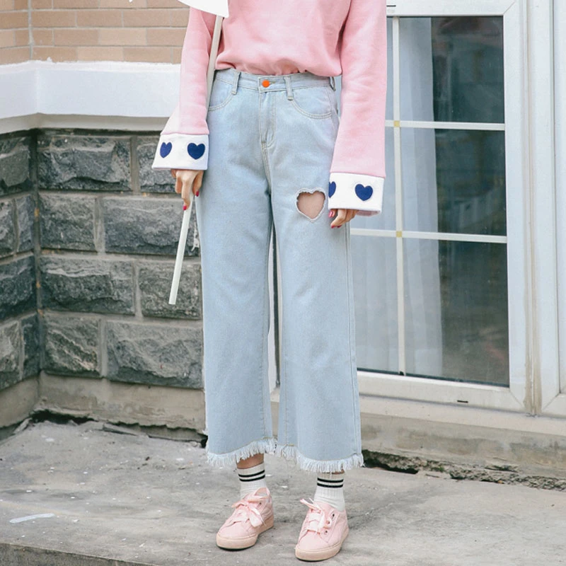 heart cut out denim pants