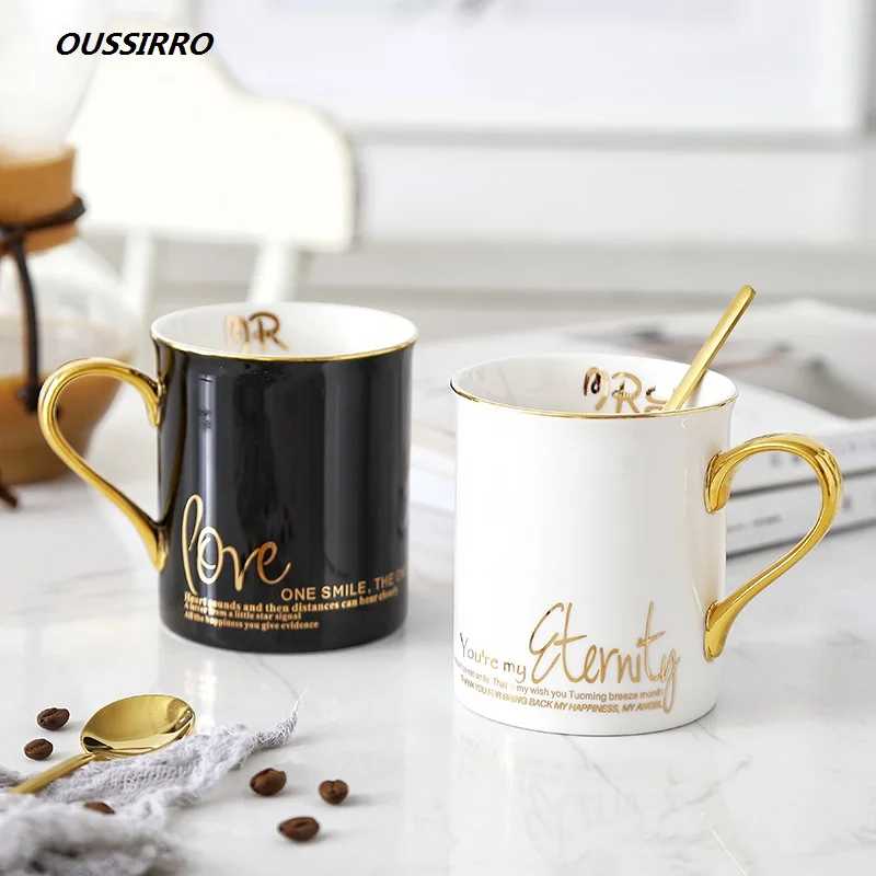 

OUSSIRRO Gold Handgrip Natural Marble Porcelain Coffee Mug Mr and Mrs Gift Box Tea Milk Cup Creative Wedding Anniversary Gift