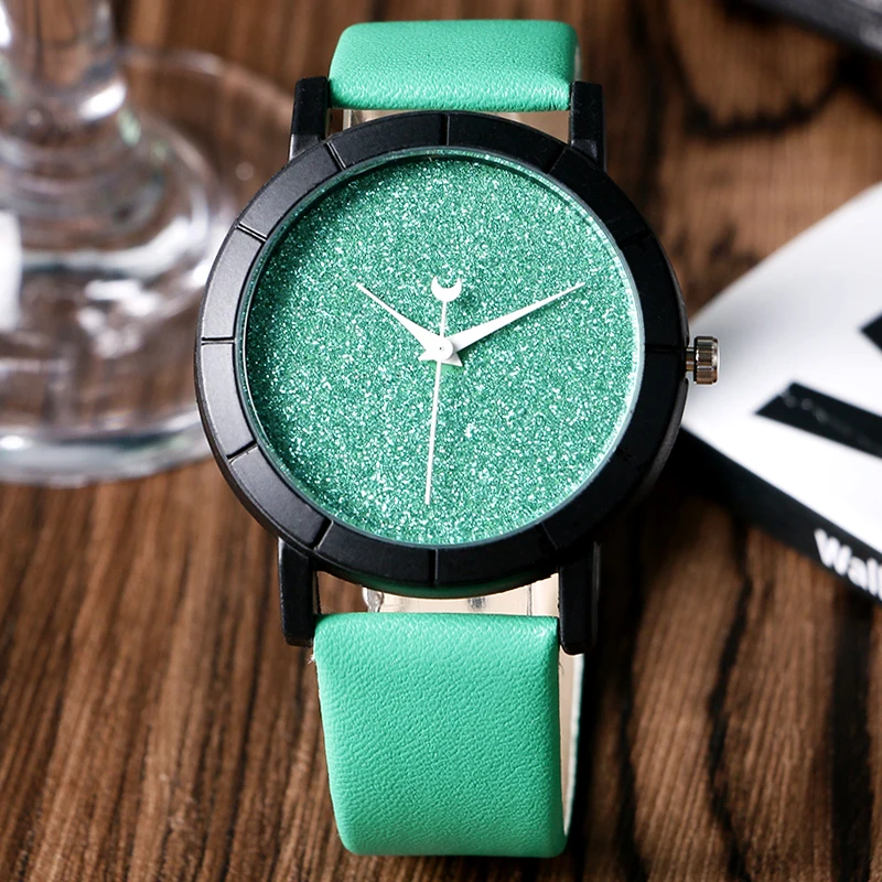 Wrist Watch Green Leather Band Strap Women Clock Chic Moon Star Watches