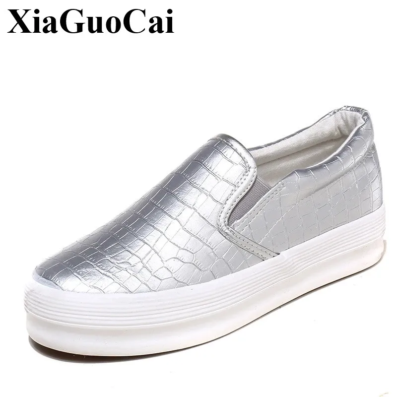 

Women Casual Shoes Classics Crocodile Grain Loafers Solid Silver Fashion Slip-on Platform Flat Shoes Waterproof Soft PU leather
