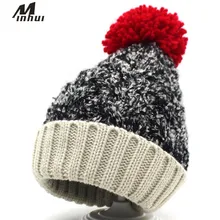 Minhui милый красный и желтый вязаный шарик помпон шапка для женщин зимние теплые шапки шапочки Skullies шапки