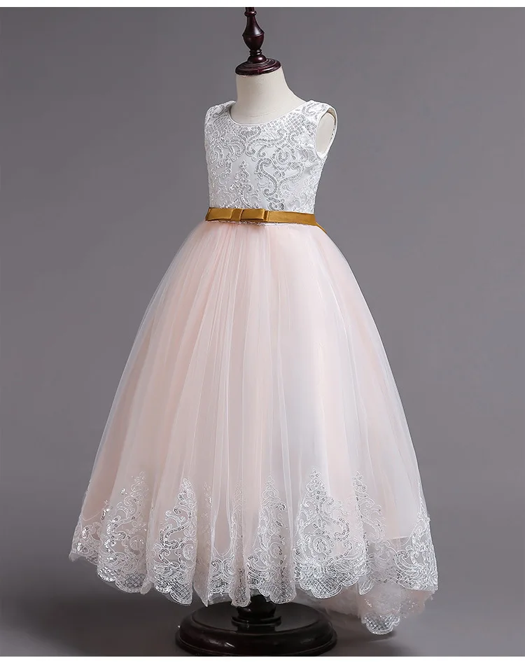 Новый Платье для девочек с цветочным узором детская Кружевной Тюль с вышивкой со шлейфом вечерние свадебные причастие платье отец платье