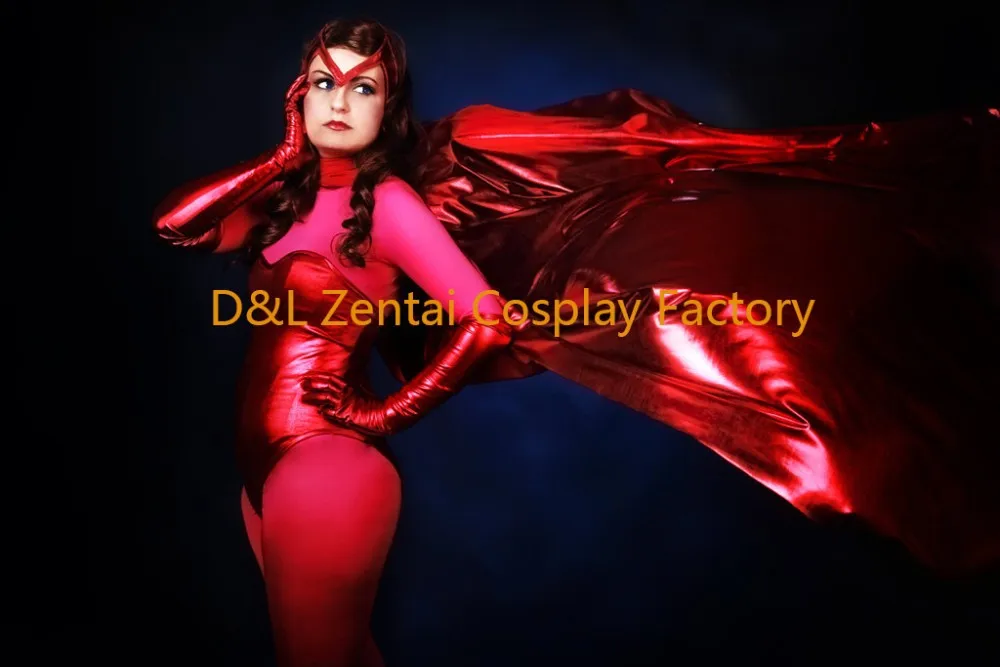 Free Shipping DHL 2014 Sexy X- Men Scarlet Witch Costume Two Pieces Red Shiny Metallic Halloween Cosplay Costume With Cloak (2)