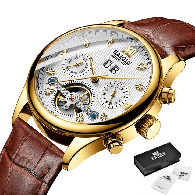 HAIQIN Men's Watches Top Brand Luxury Business Machinery Sport Wristwatch Mens Waterproof Tourbillon Clock Relogio Masculino - Цвет: L-Gold white