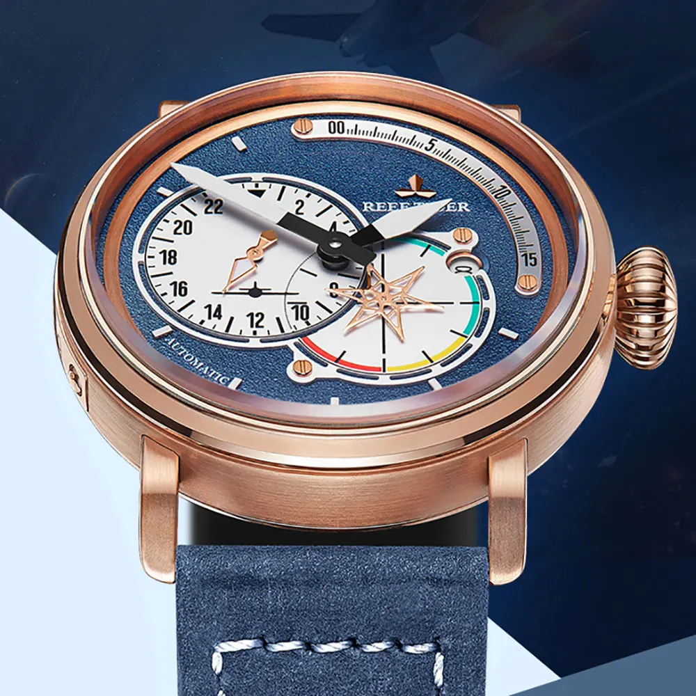 Reef Tiger/RT мужские часы пилота с датой Кожаный ремешок Розовое золото синий циферблат часы автоматические часы военные часы RGA3019
