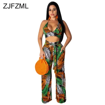 

Leaves Print Summer Two Piece Set Sexy Beach Outfits Halter Backless Crop Top And Wide Leg Pants Sweat Suit 2 Piece Tracksuits