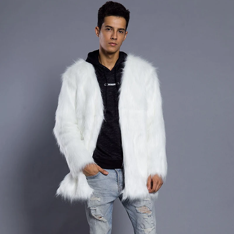 Mens Male Fur Coat Jacket Winter Thicken Warm Furry Outerwear V-neck Collarless Hairy Parkas Oversize 6Q1217 | Мужская одежда