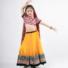 Индийский сари, традиционный танцевальный костюм с вышивкой для девочек, хлопковый желтый топ+ вуаль+ юбка