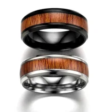 8mm Vintage Wood Inlay Stainless Ring Men Engagement Rings For Women Wedding Band Fashion Jewelry