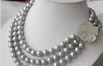 

FREE SHIPPING hot sale~~~~~AA 3row 11mm round gray freshwater pearl necklace