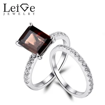 

Leige Jewelry Natural Smoky Quartz Rings for Women Engagement Ring Set Sterling Silver 925 Fine Jewelry Emerald Cut Gemstone