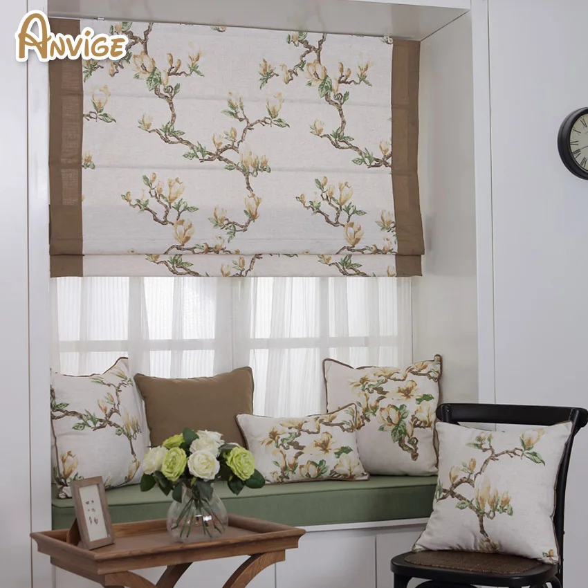 Natural Pastoral Style Cotton Fabric Roman Blinds Roller Shutter Window