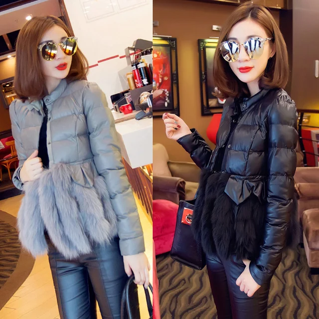 Cheap 2016 new  winter fashionable fox fur short down padded female slim fur coat Pu fur patchwork short coat
