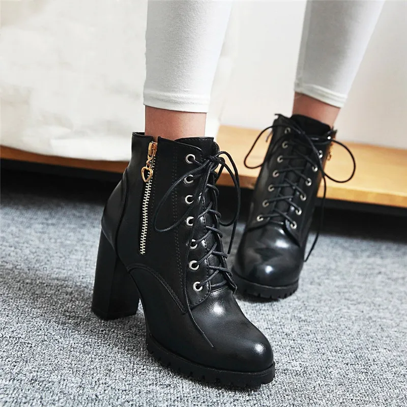 

YMECHIC 2019 Autumn New Block High Heel Womens Boots Ankle Lace Up Booties Zipper Red Black Yellow Ladies Shoes Footwear Bootie