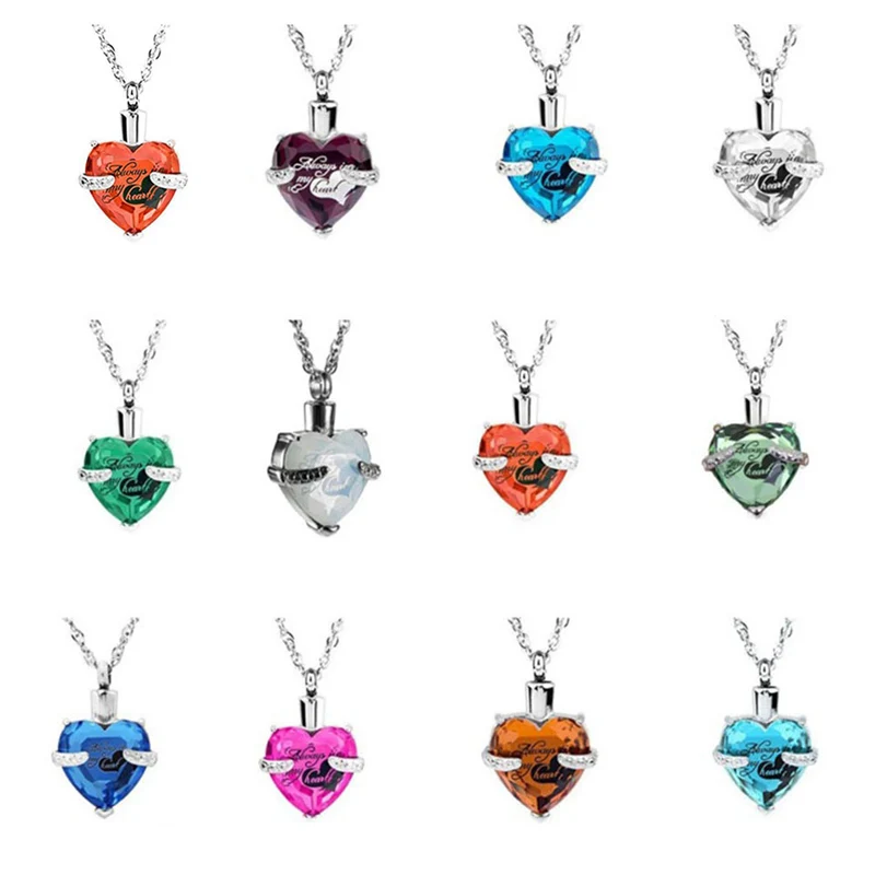

January To December Birthstone Necklace Rhinestone Ashes Funeral Cremation Necklaces Heart Shape Charm Necklace Jewelry Gift