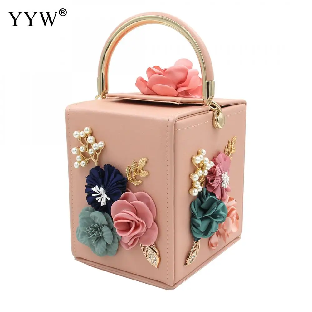 

Pink Evening Box Handbag For Women Floral Beaded Squared Party Evening Purse Blue Shoulder Handbag Vintage Wedding Purse Clutch